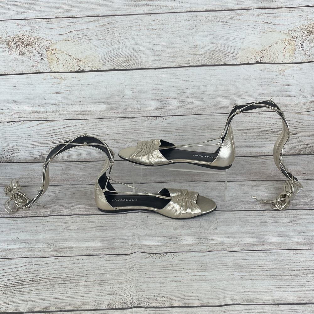 Longchamp Gladiator Style Womens Sz EU 40 US 9 Ballet Flats Sandals Metallic Gol